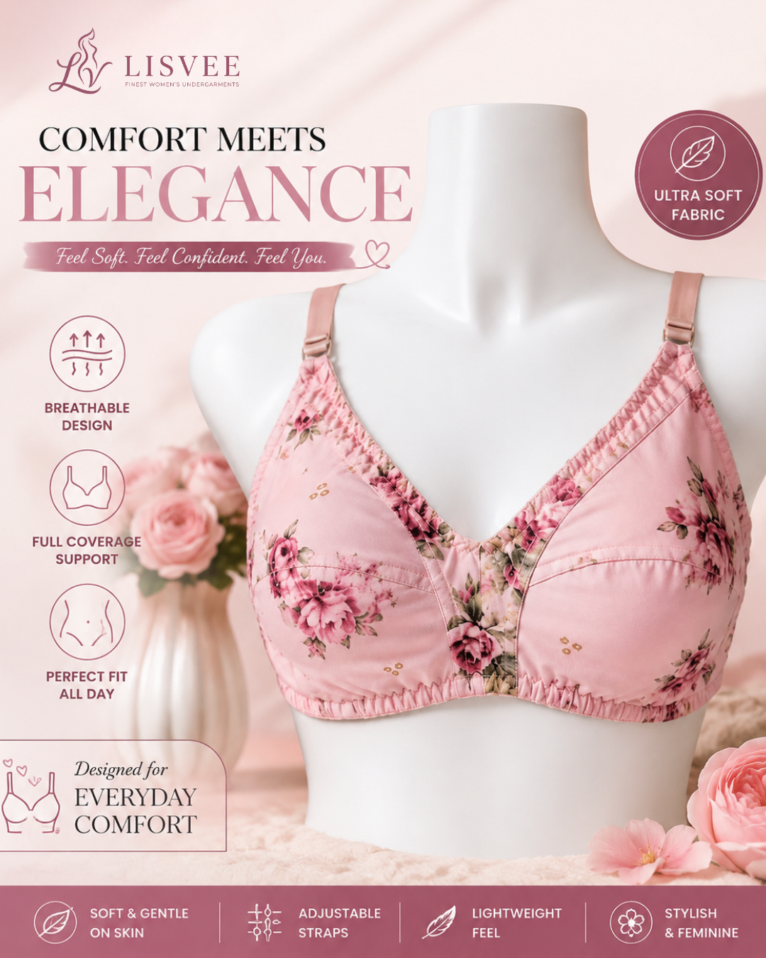 Lisvee Pink Floral Printed Lawn Bra – Adjustable Strap Soft-Cup Design
