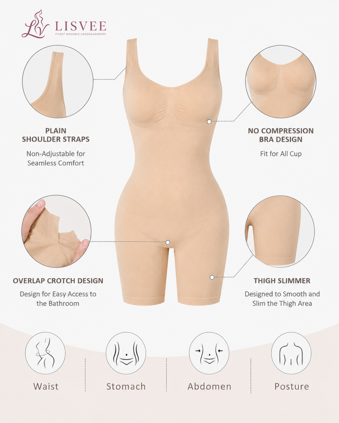 Lisvee Full Body Shaper Bodysuit – Tummy, Waist & Thigh Smoothing - Free Size