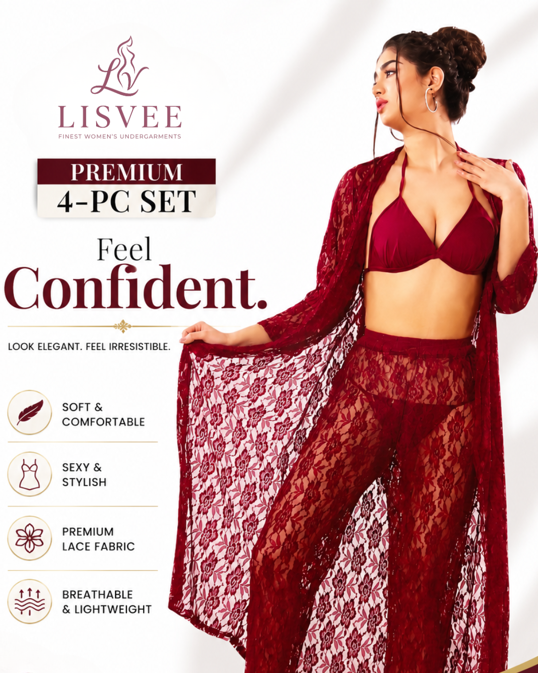 Lisvee Premium Lace Lingerie 4-Piece Set – Elegant Bridal Nightwear