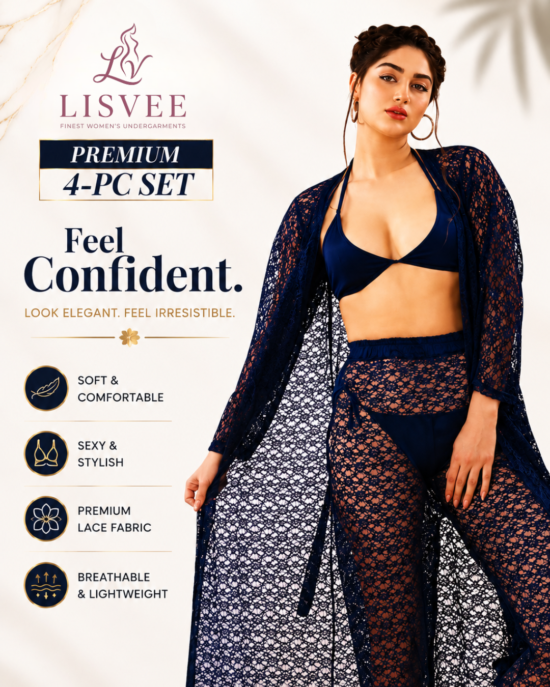 Lisvee Premium Lace Lingerie 4-Piece Set – Elegant Bridal Nightwear