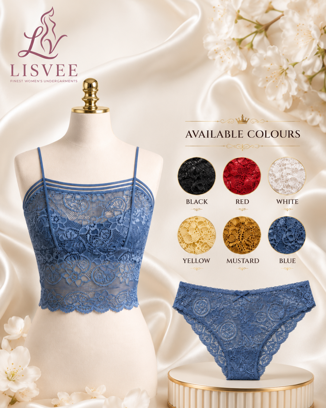 Lisvee Floral Lace Longline Bralette & Panty Set – 2 Piece