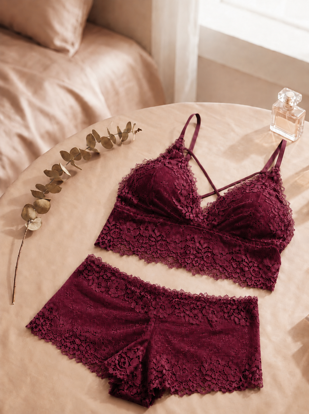 Lisvee Floral Lace Net Bralette & Boyshort Set – 2 Piece