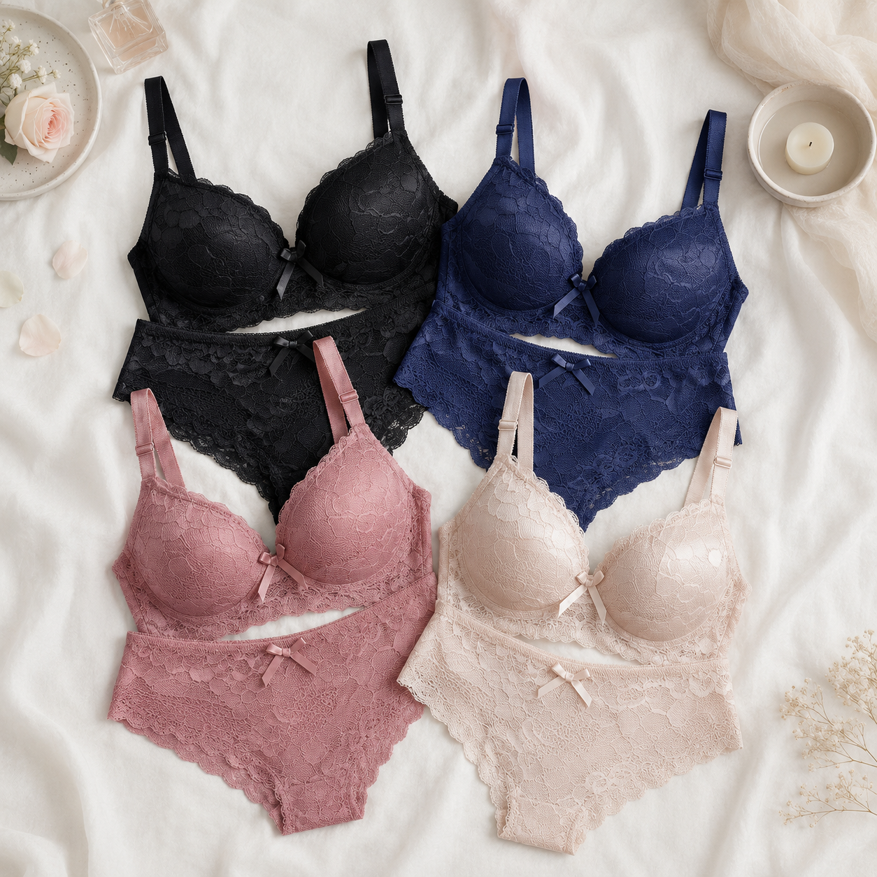 Lisvee Wedding Floral Lace Padded Bra & Boyshort Set – 2 Piece