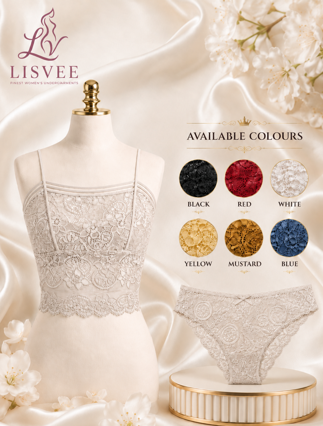 Lisvee Floral Lace Longline Bralette & Panty Set – 2 Piece