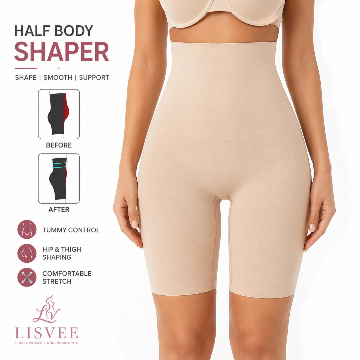 Lisvee High-Waist Half Body Shaper Shorts – Seamless Tummy & Thigh Smoothing - Free Size