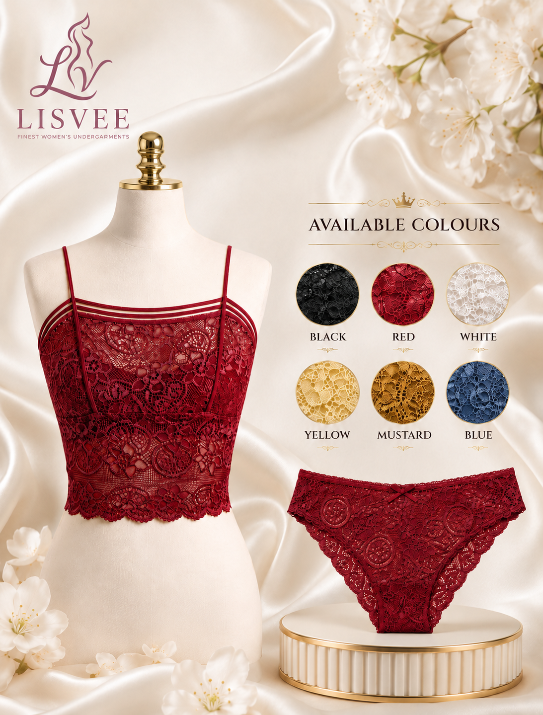 Lisvee Floral Lace Longline Bralette & Panty Set – 2 Piece