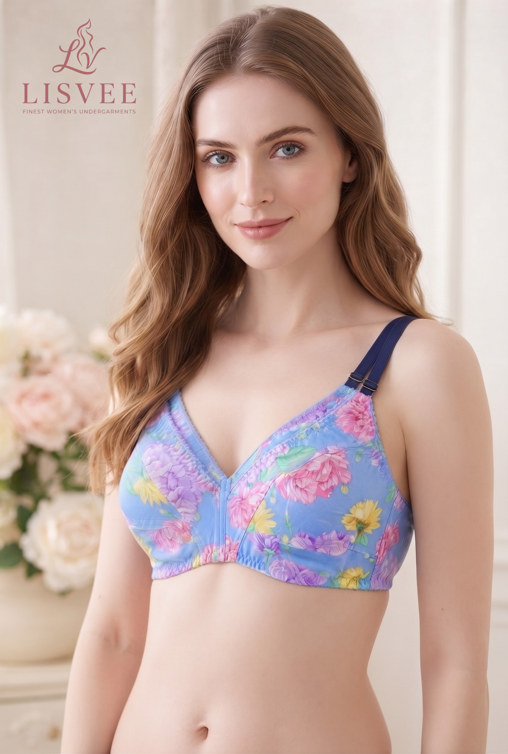 Lisvee Blue Floral Printed Lawn Bra – Adjustable Strap Soft-Cup Design